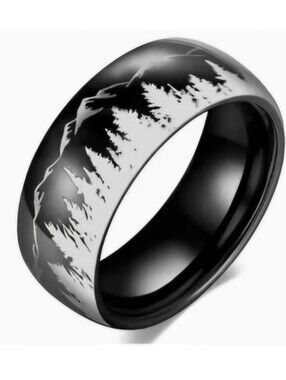 NEW Mens Black Stainless Steel Wedding Band With Moutain Scene